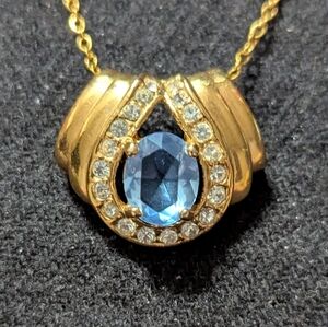 Vintage Roman Gold Tone Blue and Clear Rhinestone Pendant Statement Necklace
